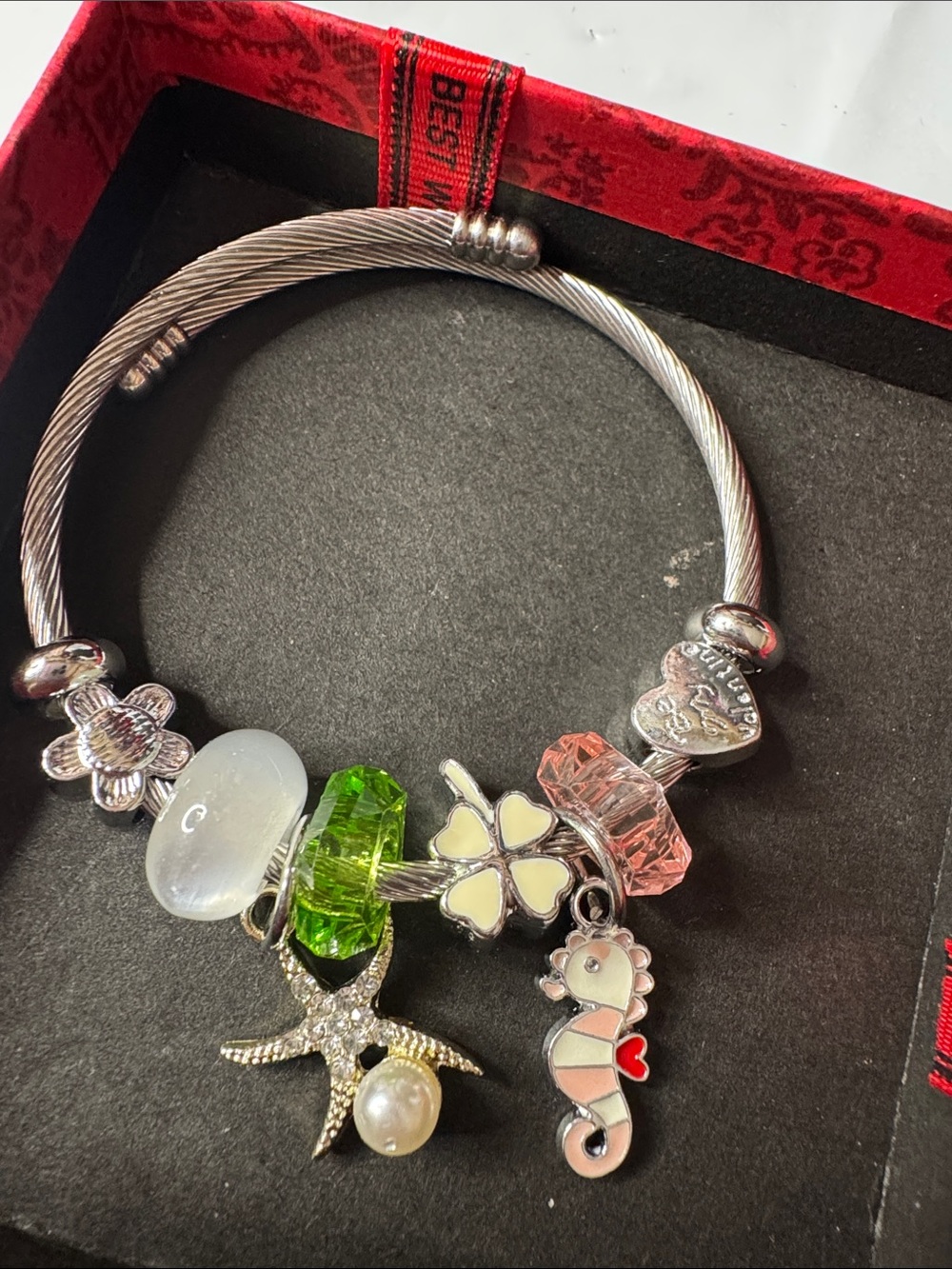 Silver-Tone Charm Bracelet with Pink, Green & White Accents